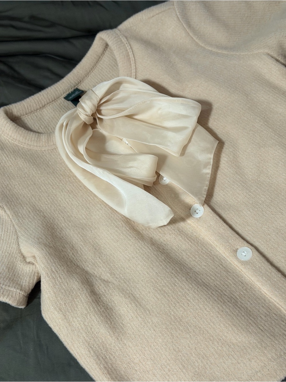 Cream Knit Button-Front Top with Sheer Neck Bow
